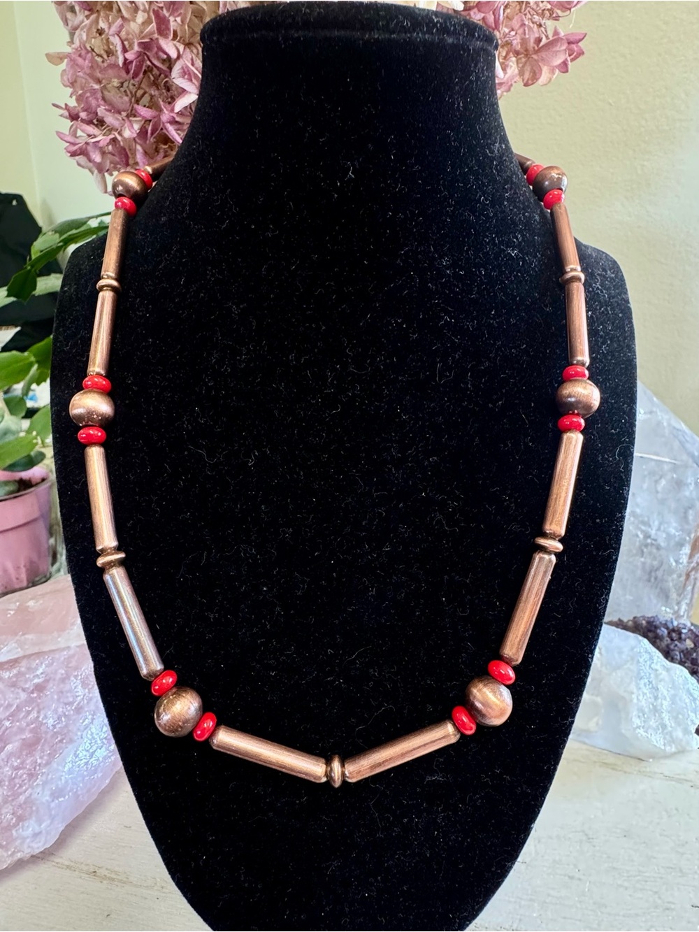 20” COPPER and Red Italian Coral Bead Necklace - Hand crafted